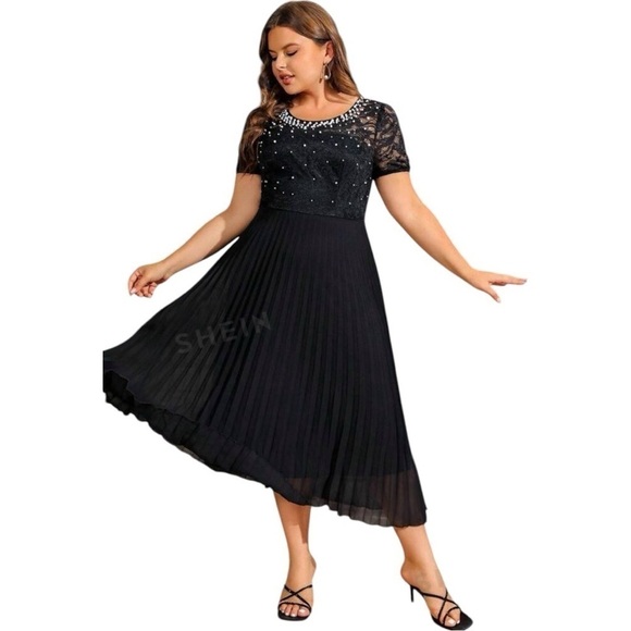 BLACK LACE PATCHWORK & FAUX PEARL DECOR PLEATED DRESS - Picture 4 of 8
